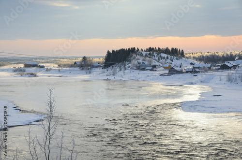 Arkhangelsk region, Plesetsky district, Onega river in cloudy day with the reflection of sunlight