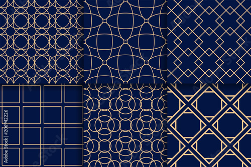 Golden geometric seamless patterns on blue backgrounds