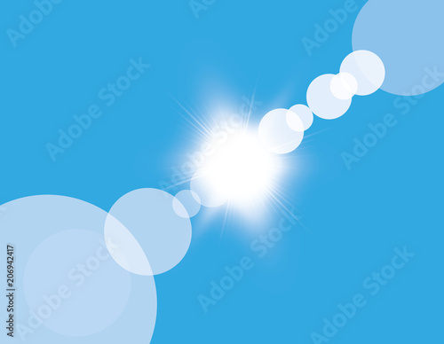 Abstract bright shining sun with lens flare in a blue sky. Vector illustration