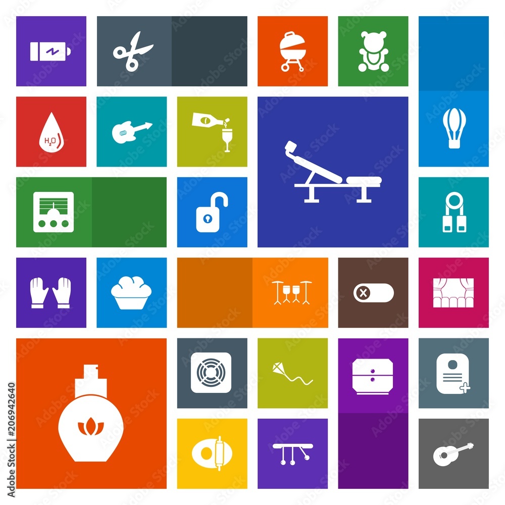 Modern, simple, colorful vector icon set with joy, music, wireless, aroma, alcohol, wine, guitar, fitness, sky, battery, person, water, drink, seat, fun, musical, perfume, antenna, power, drop icons