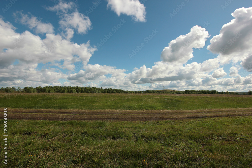 summer landscape with road in the field against the horizon with blue sky and clouds summer landscape with road in the field against the horizon with blue sky and clouds