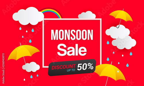 Monsoon Sale Banner Vector Illustration. Yellow umbrella and raining drops on red background.