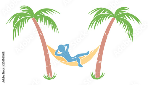 Ein blaues Männchen in einer Hängematte zwischen zwei Palmen / Farbig / Flat Design 