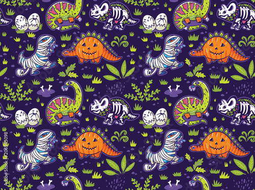 Cartoon dinosaurs in costumes of a pumpkin, a zombie, a skeleton and a vampire. Stylish graphics for children's design
