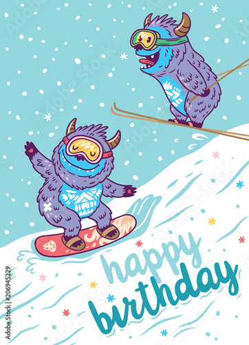 Cartoon Yetis skiing and lettering happy birthday. Vector illustration