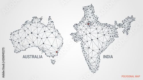 Vector illustration. A polygonal map of countries. India. Australia. Abstract 3d image. Dots and lines. Geometric polygons. Neural network. Technologies and communications. Light background.