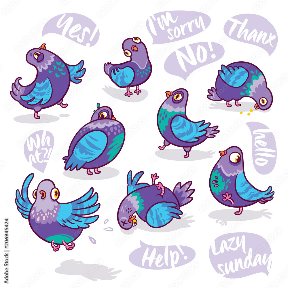 Fototapeta premium Set of cartoon pigeons. Design for stickers, pins and patches.