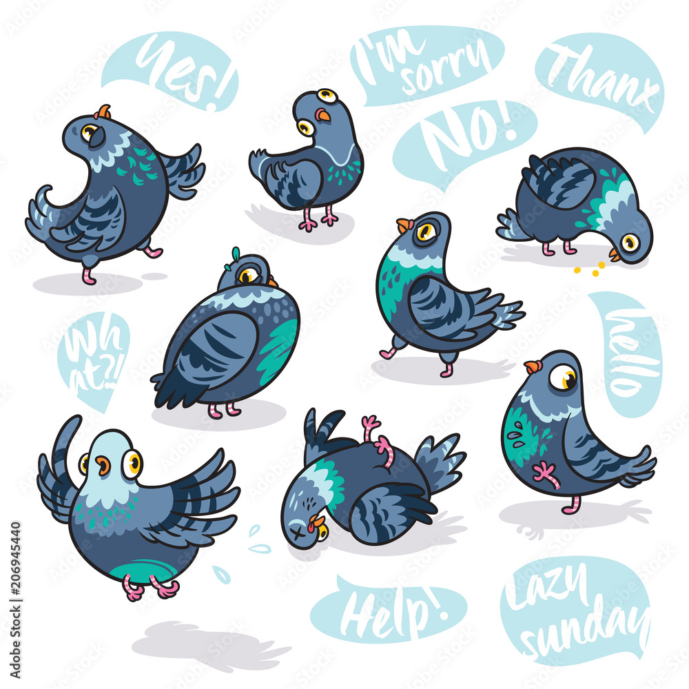Fototapeta premium Set of cartoon pigeons. Design for stickers, pins and patches.