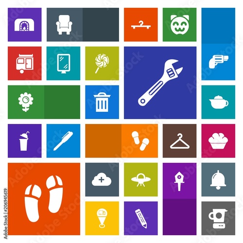Modern, simple, colorful vector icon set with travel, garbage, box, waste, fire, nature, hot, equipment, flower, warm, slipper, mixer, home, internet, tool, space, trash, trailer, cake, spring icons