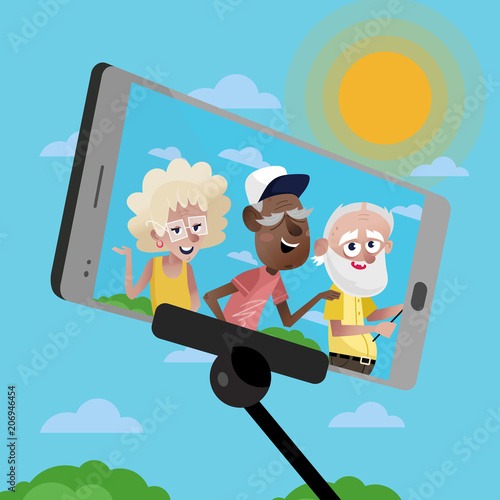 Smiling mature persons doing selfie on background of blue sky. Active elderly concept with retired people in journey. Happy old people on screen of smartphone vector illustration in cartoon style.