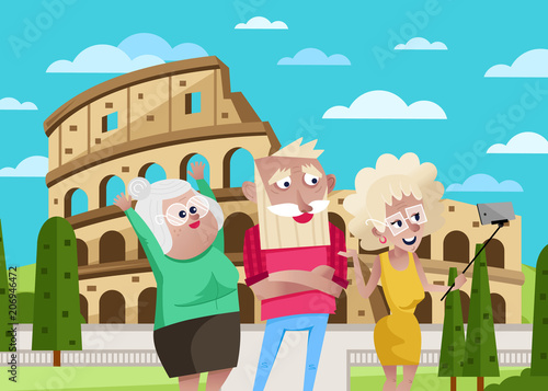 Smiling old people doing selfie on background of Coliseum in Rome. Active elderly concept with retired people around the world. Senior people traveling by famous attractions vector illustration.