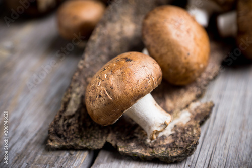 Fresh mushrooms on the rustic wooden background. Selective focus. Shallow depth of field.