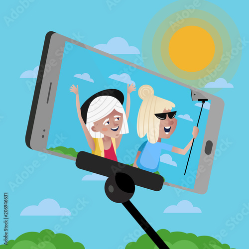Smiling old women doing selfie on background of blue sky. Active elderly concept with retired people in journey. Happy old people lifestyle, mature persons on screen of smartphone vector illustration.