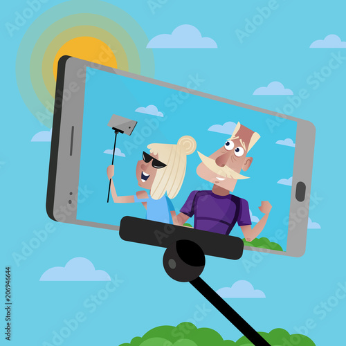 Smiling old couple doing selfie on background of blue sky. Active elderly concept with retired people in journey. Happy old people lifestyle, senior couple on screen of smartphone vector illustration.
