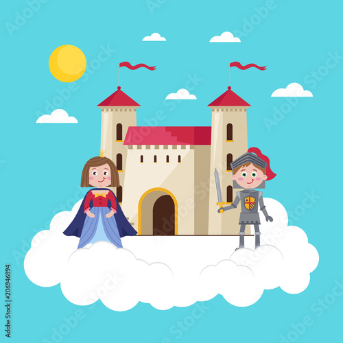 Fairytale poster with beautiful princess in crown, knight in armor and medieval castle on big cloud in sky. Magical world, fantasy vector illustration in cartoon style for little kids greeting card.