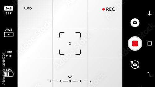 Blank smart phone camera focusing screen with exposure, zoom zone and options. Digital camera viewfinder grid with many shooting settings. Realistic template for your design vector illustration.
