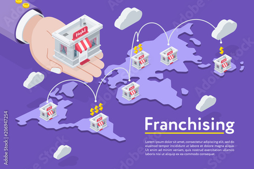 Franchising stores in chain on world map on purple background. 