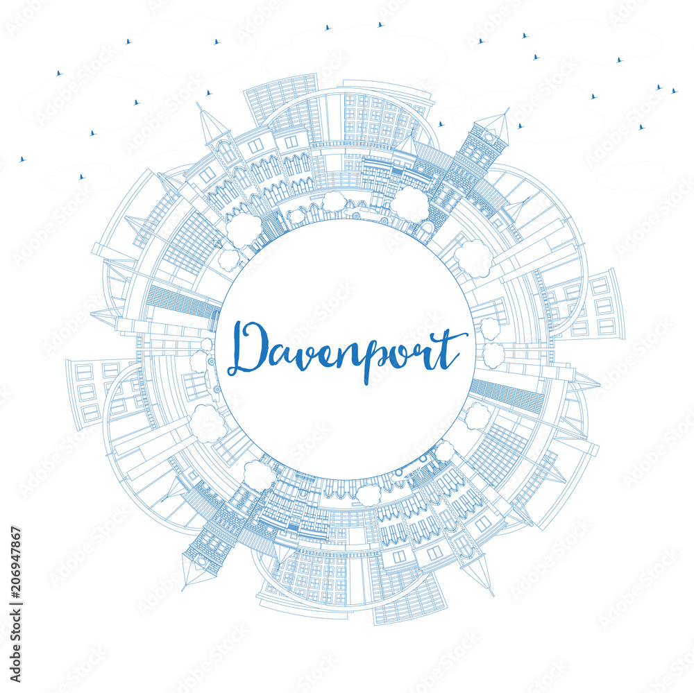 Outline Davenport Iowa Skyline with Blue Buildings and Copy Space.