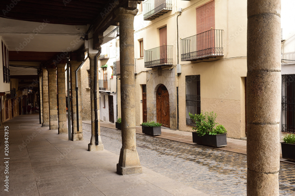 street with arcades in the town of Morella, Castellon Province, Spain