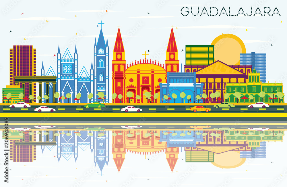 Guadalajara Mexico Skyline with Color Buildings, Blue Sky and Reflections.