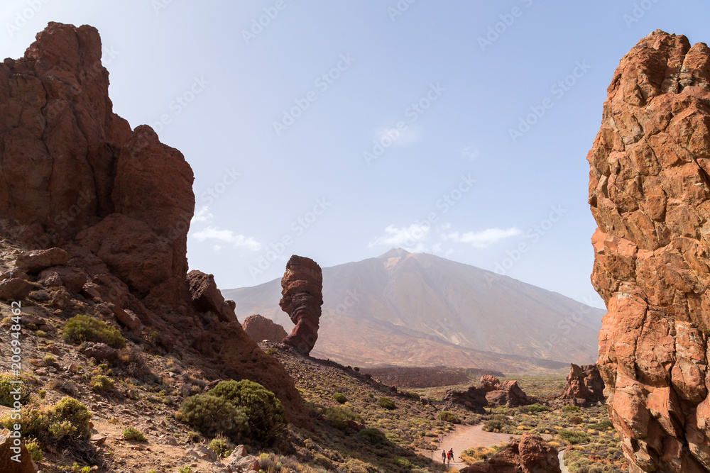 Teide National Park. Volcanic mountain scenery. Pico del Teide. View of Teide volcano peak and Teleferico Del Teide cable road. Tenerife, Canary Islands, Spain 