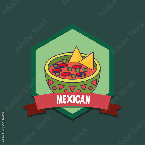 mexican food emblem with nachos and sauce bowl over green background, colorful design. vector illustration