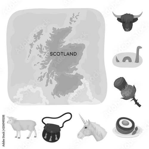 Country Scotland monochrome icons in set collection for design. Sightseeing, culture and tradition vector symbol stock web illustration.