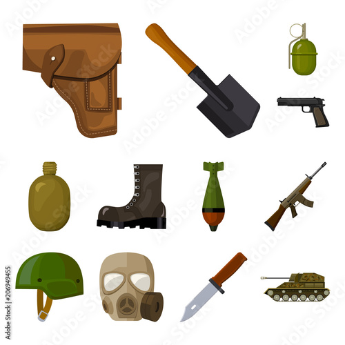 Army and armament cartoon icons in set collection for design. Weapons and equipment vector symbol stock web illustration.