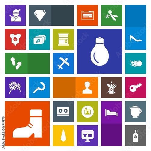 Modern, simple, colorful vector icon set with clothes, child, baby, account, clothing, japanese, white, home, idea, light, screen, interior, key, space, plane, foot, power, window, television icons