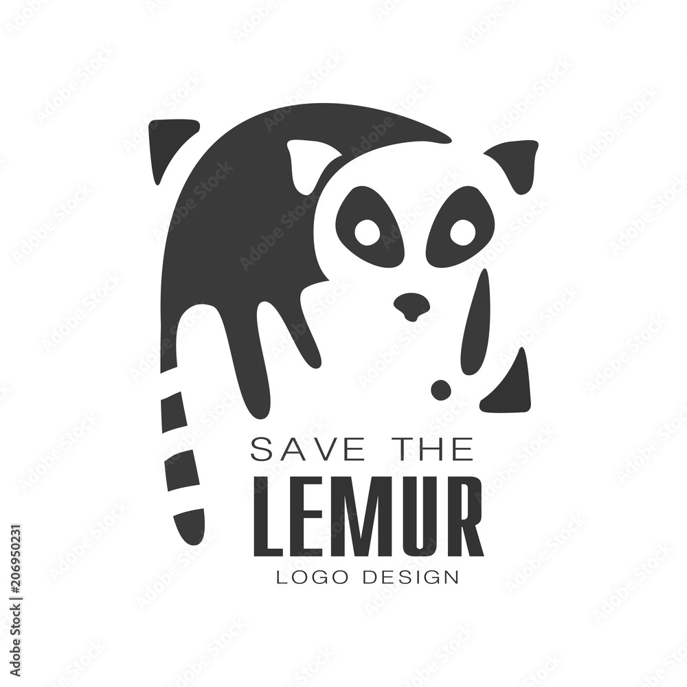 Save the lemur logo design, protection of wild animal black and white sign vector Illustrations on a white background