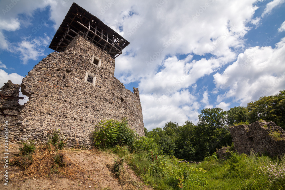 Ruins of Castle Nevytske in Transcarpathian region. Main keep tower (donjon)