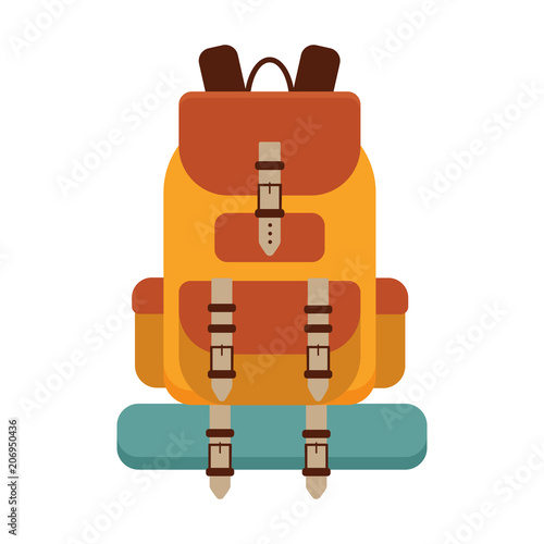 Large hiking backpack in flat design. Tourist rucksack with sleeping bag. Camping backpack vector illustration. Hiking bag icon.