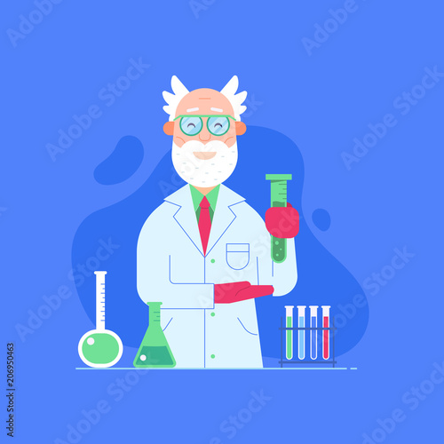 Old scientist male with flasks and laboratory equipment. Chemistry or physics professor presented new scientific research. Chemist man or teacher with test tubes in lab. Success concept banner.