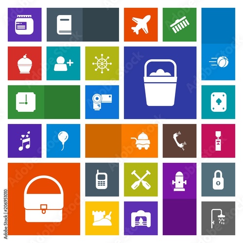 Modern, simple, colorful vector icon set with photographer, account, glass, bucket, bedroom, jar, jam, poker, play, boat, shower, technology, hotel, liquid, service, dessert, oar, old, handle icons