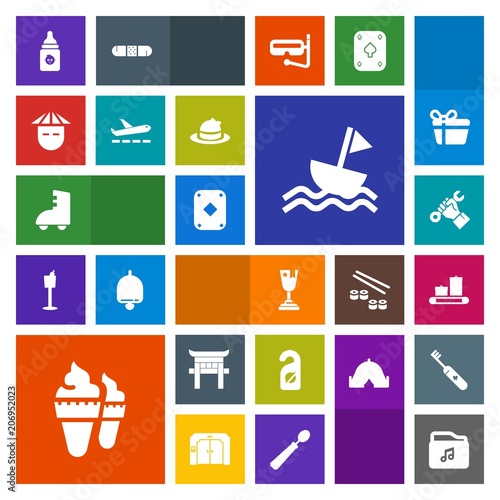 Modern, simple, colorful vector icon set with poker, nutrition, yacht, ice, place, plastic, privacy, cream, young, award, milk, sailboat, winner, foreman, label, first, bottle, food, file, asian icons