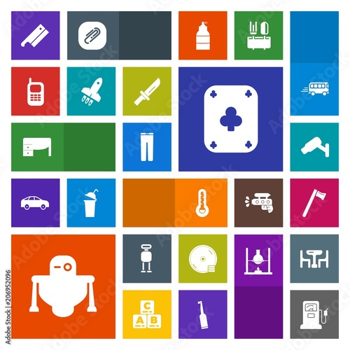 Modern, simple, colorful vector icon set with mobile, surveillance, clothing, communication, station, robot, table, dvd, gasoline, technology, work, phone, gas, sign, tool, fashion, play, desk icons