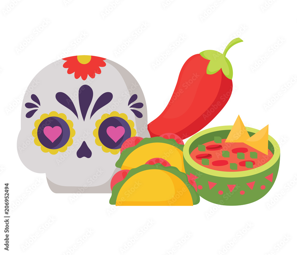 sugar skull with mexican food related icons over white background, colorful design. vector illustration