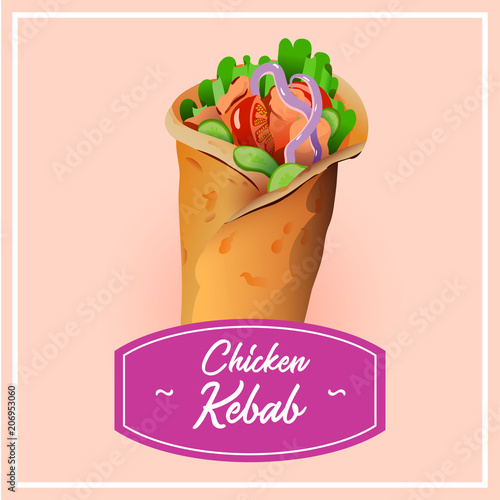Kebab vector illustration. Rich tasty shawarma poster with pink label and text Chicken Kebab. It can be used for food industry, print on wrap paper as element for menu.
