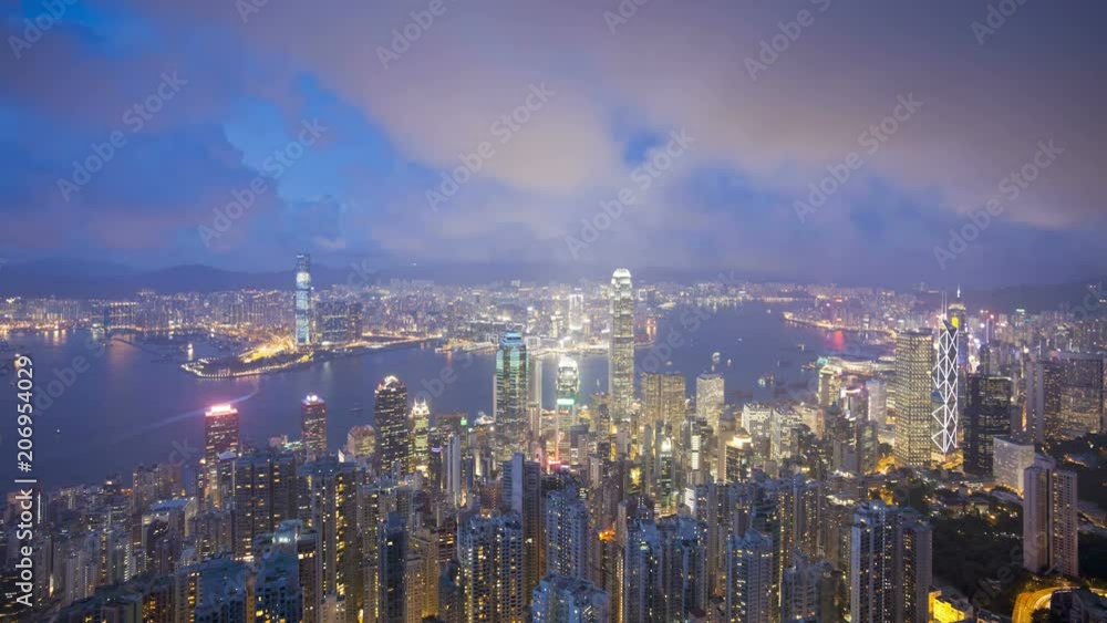 View of Victoria Harbour and city Skyline, Hong Kong from Victoria Peak, China, T/Lapse View of Victoria Harbour and city Skyline, Hong Kong from Victoria Peak, China, T/Lapse