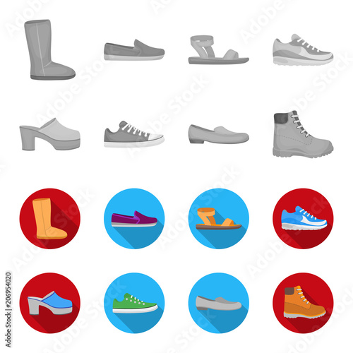 Flip-flops, clogs on a high platform and heel, green sneakers with laces, female gray ballet flats, red shoes on the tractor sole. Shoes set collection icons in monochrome,flat style vector symbol