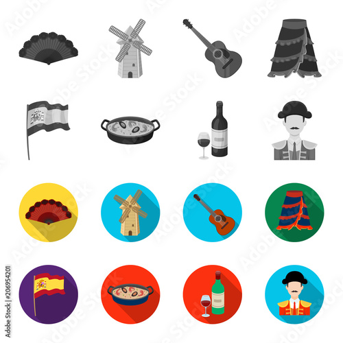Flag with the coat of arms of Spain, a national dish with rice and tomatoes, a bottle of wine with a glass, a bullfighter, a matador. Spain country set collection icons in monochrome,flat style vector