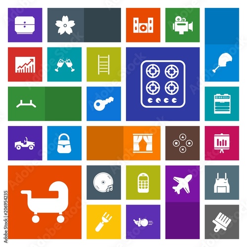 Modern, simple, colorful vector icon set with baby, report, meat, document, key, glass, kitchen, chicken, graph, handle, bird, carriage, mobile, phone, camera, gas, alcohol, telephone, brush, up icons