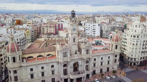 Spain, Valencia aerial shooting, bird-eye view on red roofs and squares, and roads. beautiful buildings and streets, view from the sky