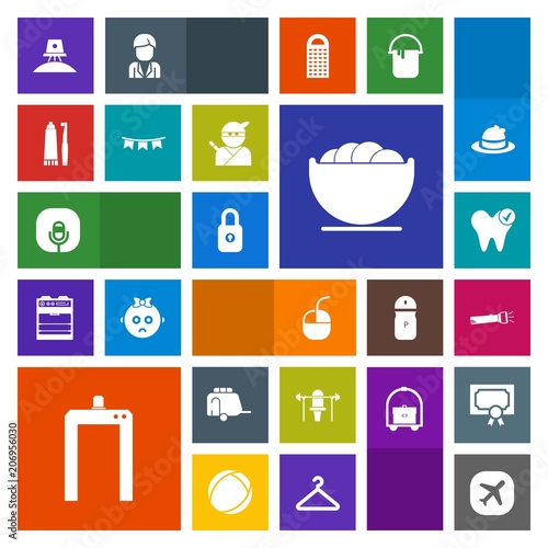 Modern, simple, colorful vector icon set with toothbrush, bowl, dish, computer, space, plane, internet, lamp, hygiene, science, white, holiday, train, exploration, transport, van, flashlight icons