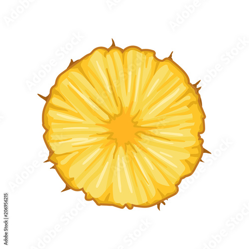 Round slice of juicy pineapple. Delicious tropical fruit. Detailed flat vector design for juice packaging, promo flyer or poster