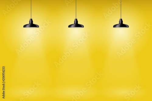 Vintage Metal pendant cone lamps on yellow painting wall. Original Retro design. Hang ceiling model. Vector illustration