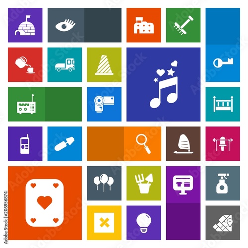 Modern, simple, colorful vector icon set with technology, camera, weight, sound, baby, cup, travel, geography, glass, photographer, radio, bed, snow, child, sport, music, musical, igloo, house icons