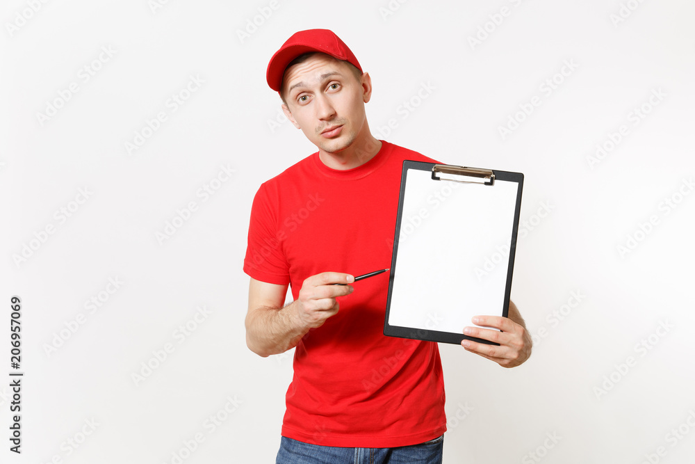 Delivery man in red uniform isolated on white background. Male in cap, t-shirt, jeans working as courier or dealer, holding pen, clipboard with papers document, with blank empty sheet. Copy space. Delivery man in red uniform isolated on white background. Male in cap, t-shirt, jeans working as courier or dealer, holding pen, clipboard with papers document, with blank empty sheet. Copy space.