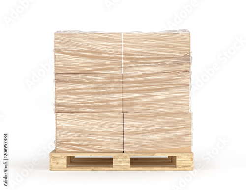 Cardboard boxes wrapped polyethylene on wooden pallet isolated on white background. 3d illustration