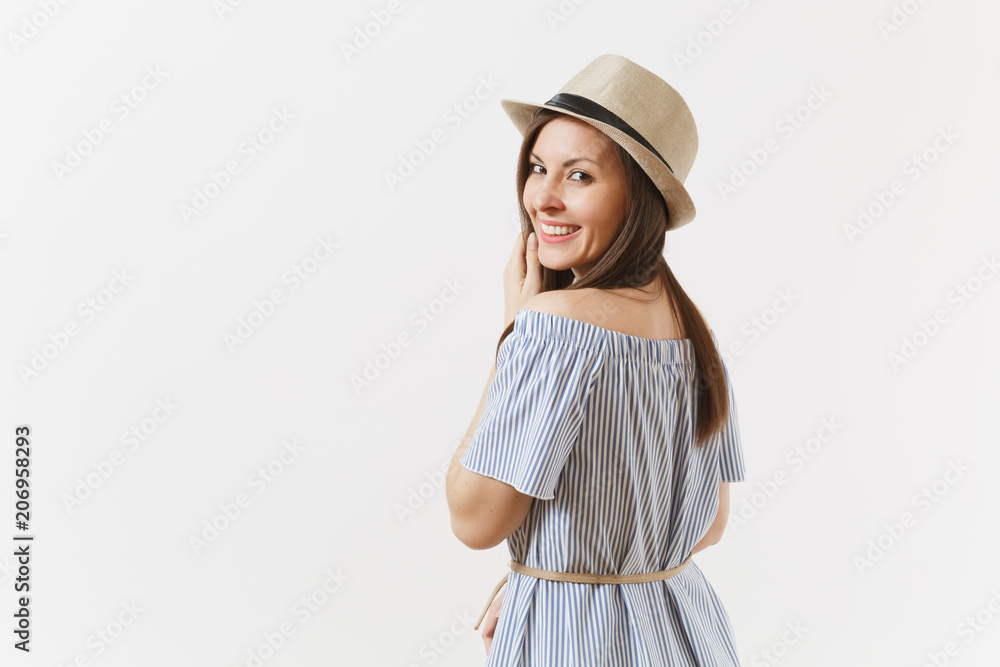 Young tender elegant charming woman dressed blue dress, cute hat with long brunette hair posing isolated on white background. People, sincere emotions, lifestyle concept. Advertising area. Copy space. Young tender elegant charming woman dressed blue dress, cute hat with long brunette hair posing isolated on white background. People, sincere emotions, lifestyle concept. Advertising area. Copy space.